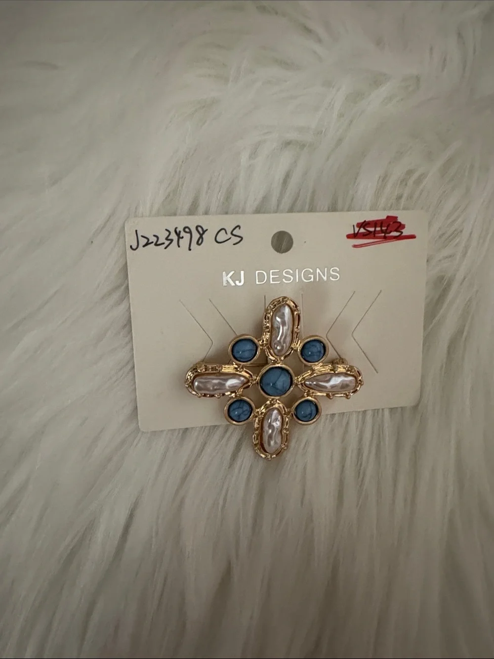JK Designs Gold-Tone Brooch with Blue and Pearl Accents